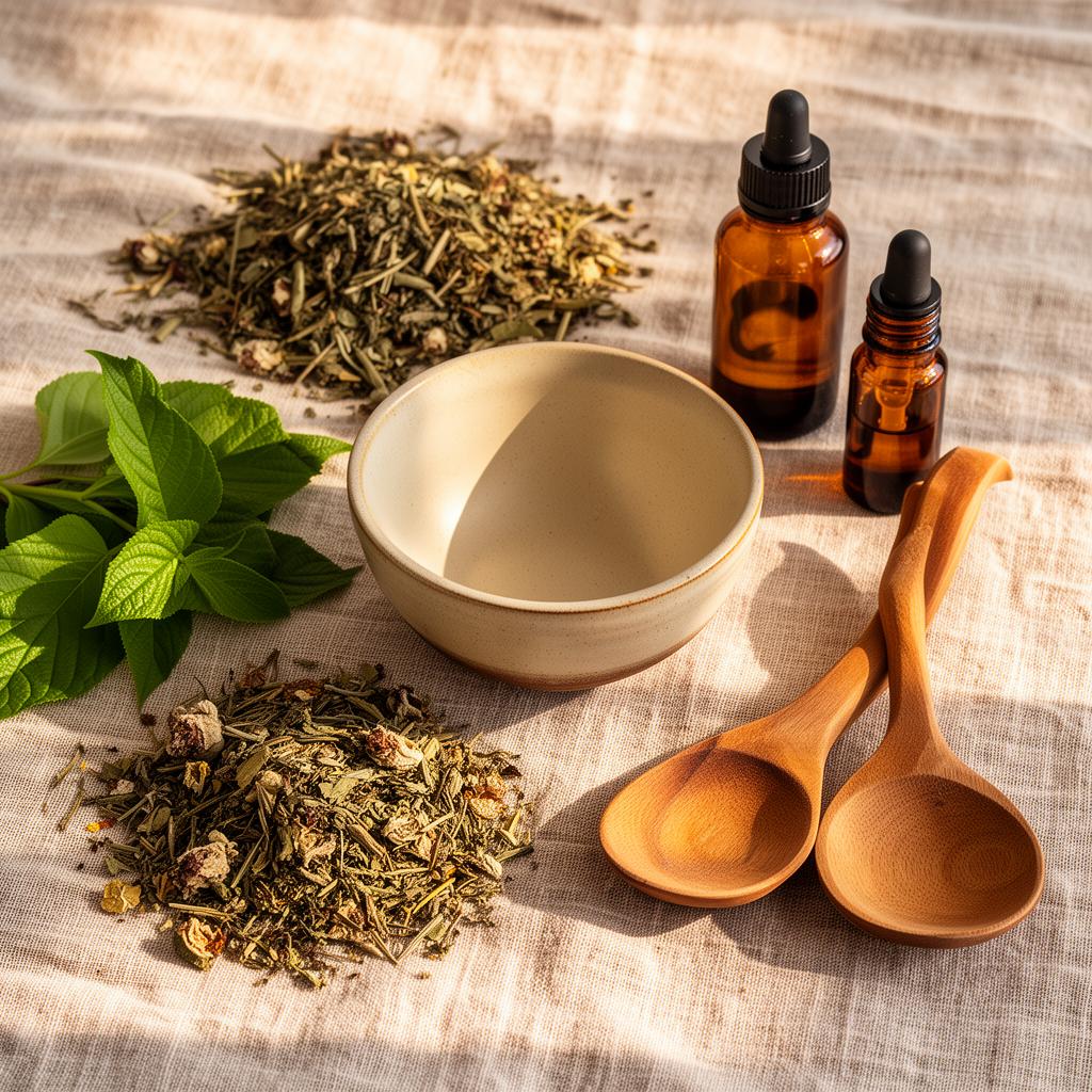 Mortero con hierbas medicinales