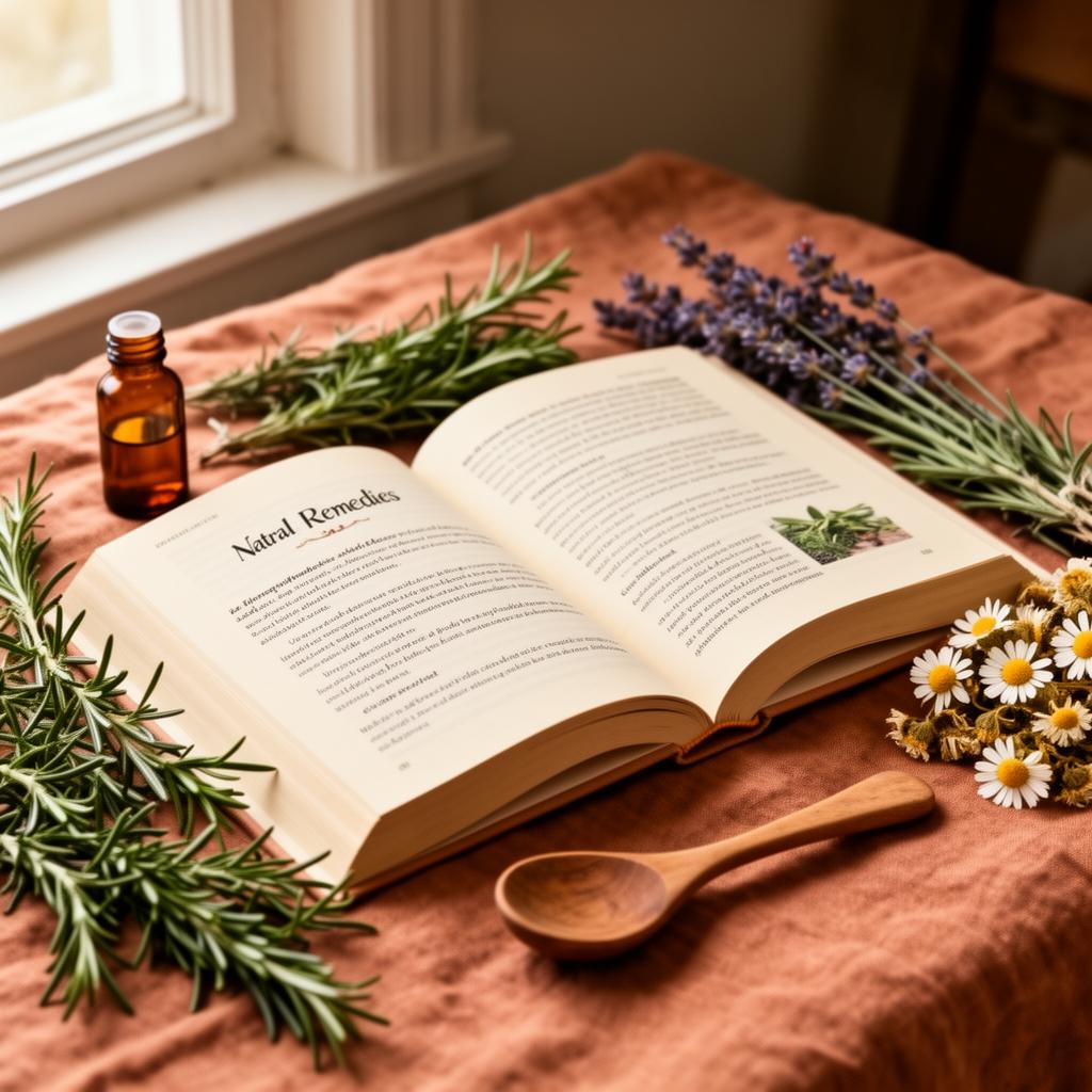 Libro de remedios abierto con hierbas